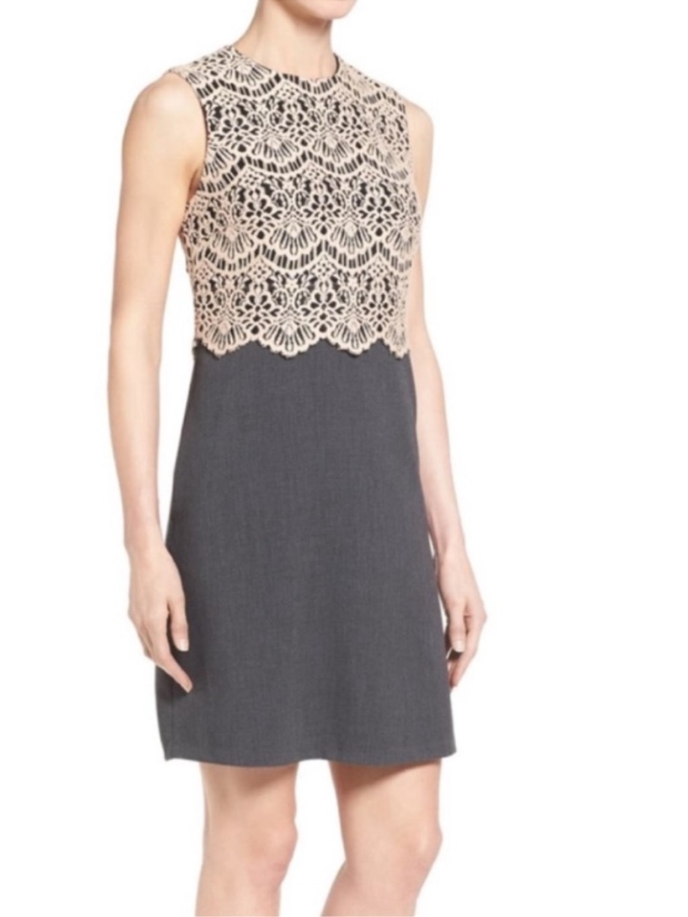 Halogen Grey Sheath Dress with Lace Overlay
